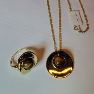 14K Yellow Gold Necklace, Tiger Eye Pendant and Ring